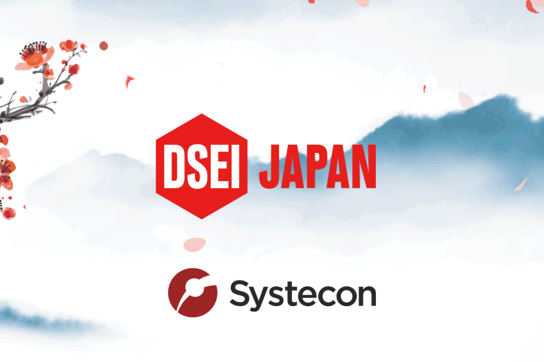 DSEI Japan and Systecon logos with a motive of Japanese flowers and mountains